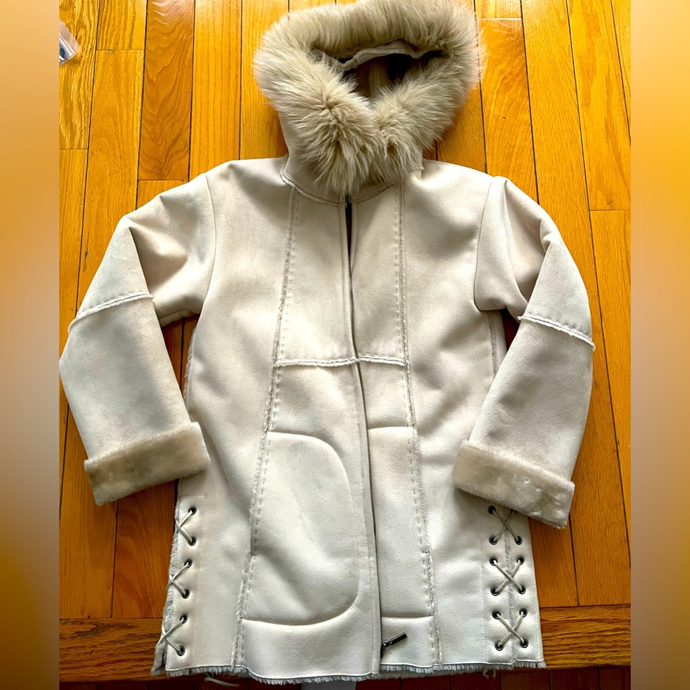 faux suede coat with fur hood